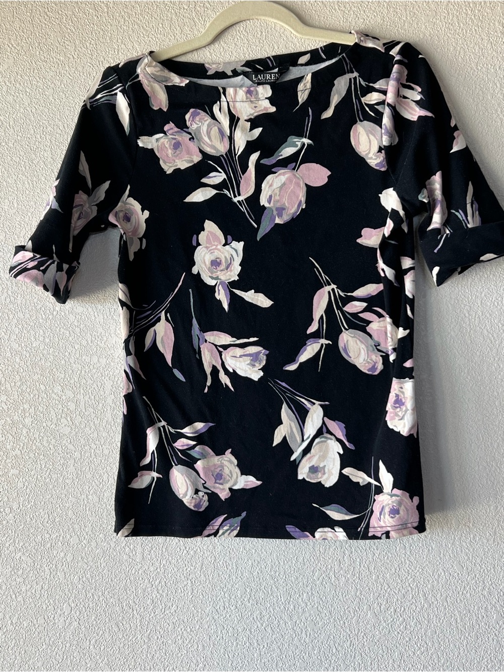 Ralph Lauren Black Short-Sleeve Floral Crewneck Top - Pink & Cream Accents
